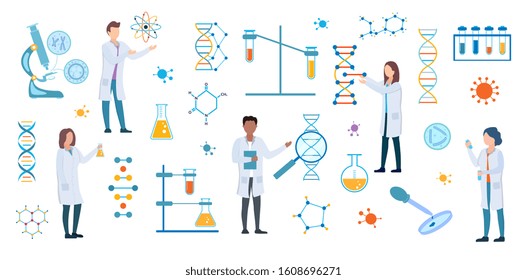 Set of DNA and medical science researchers, microbiologists or chemists in white lab coats with assorted scientific and atomic symbols and equipment conducting experiments, vector illustration