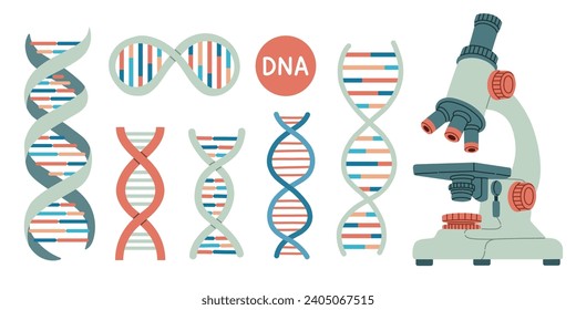 Set of DNA and microscope. Life gene model bio code genetics molecule medical symbols. Structure molecule, chromosome.