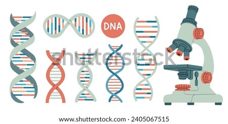 Set of DNA and microscope. Life gene model bio code genetics molecule medical symbols. Structure molecule, chromosome.