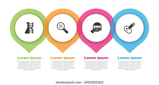 Set DNA research, search, Biohazard and magnifying glass, GMO and Genetically modified meat. Business infographic template. Vector