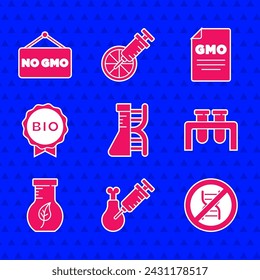 Set DNA research, search, Gmo chicken, Stop GMO, Test tube and flask, Label for bio healthy food,  and No icon. Vector