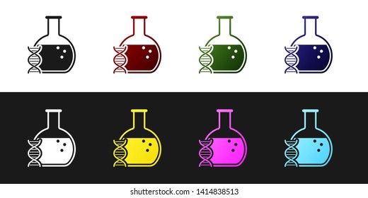 Set DNA research, search icon isolated on black and white background. Genetic engineering, genetics testing, cloning, paternity testing. Vector Illustration