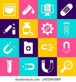 Set DNA research, search, Magnet with money, , Clinical record monitor, Medicine bottle and pills and Medical syringe vial icon. Vector