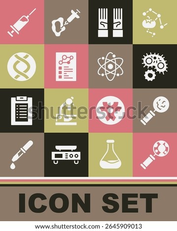 Set DNA research, search, Microorganisms under magnifier, Virus, Medical rubber gloves, Clinical record, symbol, Syringe and Atom icon. Vector