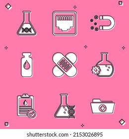 Set DNA research, search, Network port cable socket, Magnet with money, Medical vial, ampoule, Crossed bandage plaster and Bioengineering icon. Vector