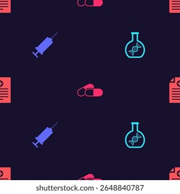 Set DNA research, search, Syringe, Medicine pill or tablet and Clinical record on seamless pattern. Vector