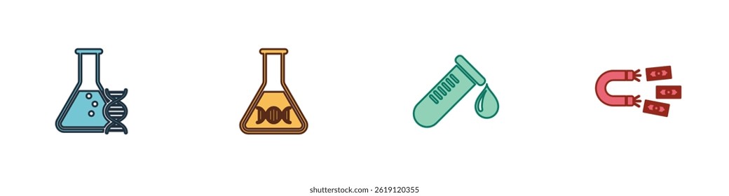 Set DNA-Forschung, Suche, , Teströhre mit Tropfen Blut und Magnet-Geld-Symbol. Vektorgrafik
