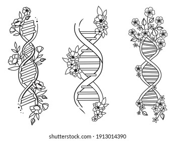 Set of dna spiral. Collection of double floral dna helix. Genetic code with flower. Biology. Science elements. Vector illustration of medical molecule for printing on clothes. 