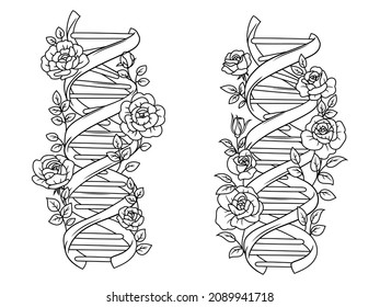 Set of dna spiral. Collection of double roses dna helix. Genetic code with flower. Biology. Science elements. Vector illustration of medical molecule for printing on clothes. 