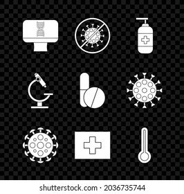 Set DNA spiral and computer, Stop virus, Bottle of liquid antibacterial soap, Virus, First aid kit, Medical thermometer, Microscope and Medicine pill or tablet icon. Vector