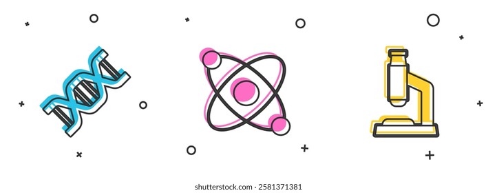 Set DNA symbol, Atom and Microscope icon. Vector