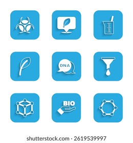 Set DNA symbol, Bio healthy food, Molecule, Funnel or filter, Leaf leaves, Laboratory glassware beaker and Biohazard icon. Vector