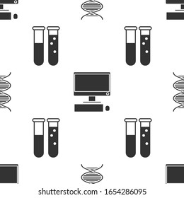 Set DNA symbol, Computer monitor with keyboard and mouse and Test tube and flask chemical laboratory on seamless pattern. Vector