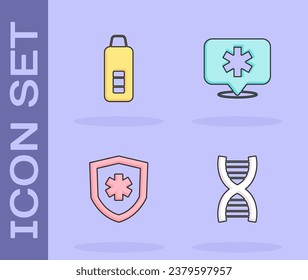 Set DNA symbol, Digital thermometer, Life insurance and Location hospital icon. Vector