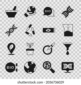 Set DNA symbol, Funnel or filter, Laboratory glassware beaker, Bio healthy food, Virus, Mortar and pestle and Blood test virus icon. Vector