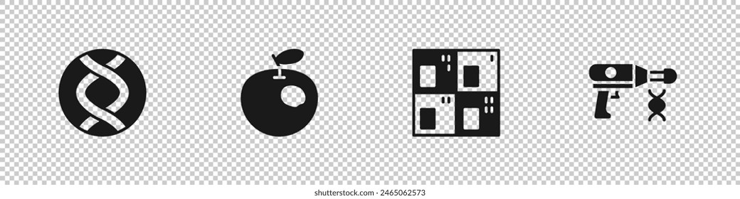 Setzen Sie DNA-Symbol, Genetic Modified Apple, Periodic Table und Transfer Liquid Gun Symbol. Vektorgrafik
