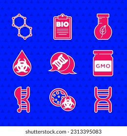 Set DNA symbol, GMO, Genetically modified chicken, Test tube and flask and Chemical formula icon. Vector