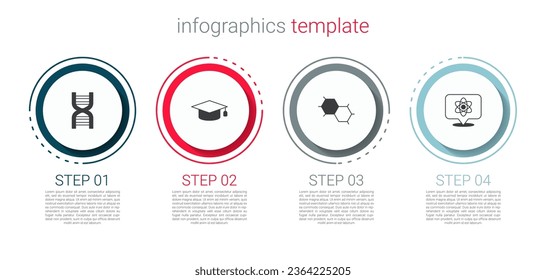 Fijar el símbolo de ADN, el tapón de graduación, la fórmula química y el átomo. Plantilla de infografía empresarial. Vector
