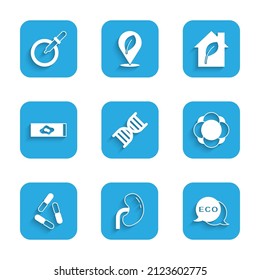 Set DNA symbol, Human kidney, Label for eco healthy food, Molecule, Virus, Blood test and virus, Eco friendly house and Petri dish with pipette icon. Vector