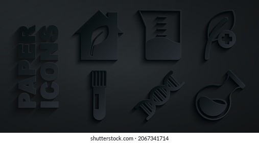Set DNA symbol, Leaf or leaves, Test tube and flask, Laboratory glassware beaker and Eco friendly house icon. Vector