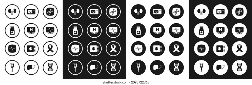 Set DNA symbol, Location hospital, Medicine bottle and pills, Human kidneys, Heart rate, Monitor with cardiogram, Awareness ribbon and  icon. Vector