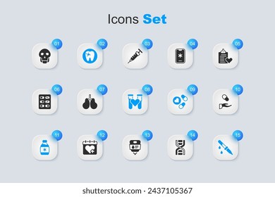 Set DNA symbol, Lungs, Tooth with caries, Bottle of medicine syrup, Pipette, Medical prescription, Skull and Test tube blood icon. Vector