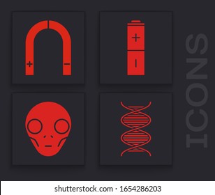 Set DNA symbol, Magnet, Battery and Extraterrestrial alien face icon. Vector