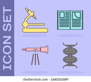 Set DNA symbol, Microscope, Telescope and Open book icon. Vector