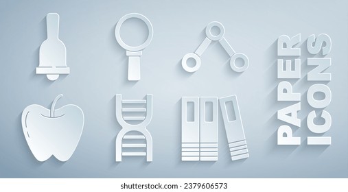 Set DNA Symbol, Molecule, Apple, Office Ordner, Magnifizierglas und Ringglocke Symbol. Vektorgrafik