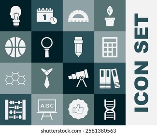 Set DNA symbol, Office folders, Calculator, Protractor, Magnifying glass, Basketball ball, Light bulb with concept of idea and Pencil eraser icon. Vector