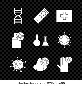 Set DNA symbol, Pills in blister pack, First aid kit, Virus, Runny nose and virus, Hand with, Bottle and Test tube flask icon. Vector
