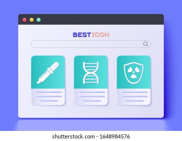 Set DNA symbol, Pipette and Radioactive in shield icon. Vector