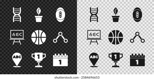 Set DNA symbol, Plant in pot, American Football ball, Alphabet, Award cup, Calendar first september date, Chalkboard and Basketball icon. Vector