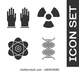 Set DNA symbol, Rubber gloves, Atom and Radioactive icon. Vector