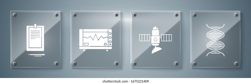 Set DNA symbol, Satellite, Computer monitor with cardiogram and Clipboard with document. Square glass panels. Vector