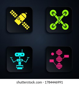 Fijar el símbolo de ADN, satélite, robot y drones volando. Botón cuadrado negro. Vector