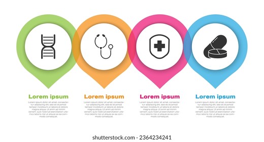 Set DNA symbol, Stethoscope, Medical shield with cross and Medicine pill or tablet. Business infographic template. Vector