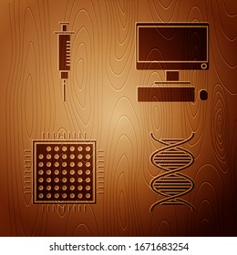 Set DNA symbol, Syringe, Processor and Computer monitor with keyboard and mouse on wooden background. Vector