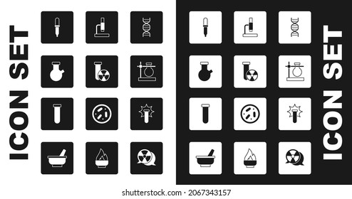 Set DNA symbol, Test tube radiation, and flask, Pipette, stand, Microscope, Chemical explosion and  icon. Vector