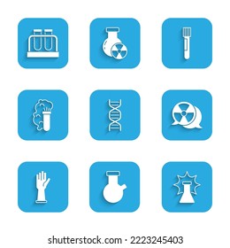 Set DNA symbol, Test tube and flask, Chemical explosion, Radioactive, Medical rubber gloves,  and  icon. Vector