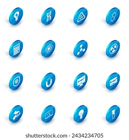 Set DNA symbol, Triangle with radiation, Chemical formula, Calculator, Shield protecting from virus, Atom, Radioactive and Molecule icon. Vector