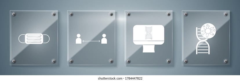 Set DNA symbol and virus, DNA spiral and computer, Safe distance and Medical protective mask. Square glass panels. Vector