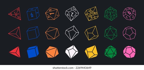 Set of dnd dice for rpg tabletop games. Collection of polyhedral dices with different sides and colors. D4, d6, d8, d10. Modern vector illustration svg