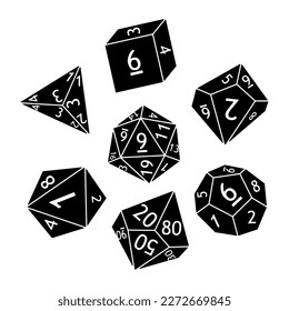 Set of dnd dice for rpg tabletop games. Polyhedral dices with different sides d4 d10 d20 d100. Black silhouettes and white numbers. Vector illustration