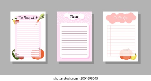 Set of to do and to buy lists with illustrations of vegitables. Template for agenda, schedule, planners, checklists, notebooks, cards.