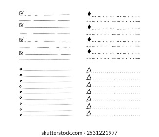 Definir como Fazer doodle em branco da página de lista de verificação. Lembrete, nota de memorando mão desenhada isolada em branco. Planejador de lápis, bloco de notas, folha. 