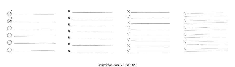 Definir como Fazer doodle em branco da página de lista de verificação. Lembrete, nota de memorando mão desenhada isolada em branco. Planejador de lápis, bloco de notas, folha. 