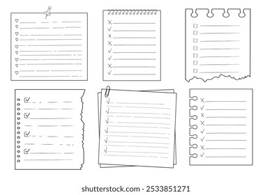 Definir como Fazer doodle em branco da página de lista de verificação. Lembrete, nota de memorando mão desenhada isolada em branco. Planejador de lápis, bloco de notas, folha. 