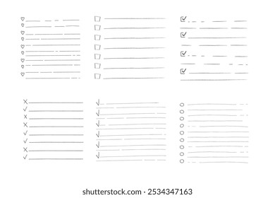 Definir como Fazer doodle em branco da página de lista de verificação. Lembrete, nota de memorando mão desenhada isolada em branco. Planejador de lápis, bloco de notas, folha. 