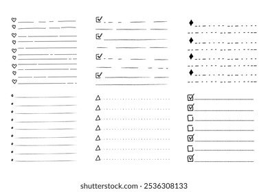 Definir como Fazer doodle em branco da página de lista de verificação. Lembrete, nota de memorando mão desenhada isolada em branco. Planejador de lápis, bloco de notas, folha. 